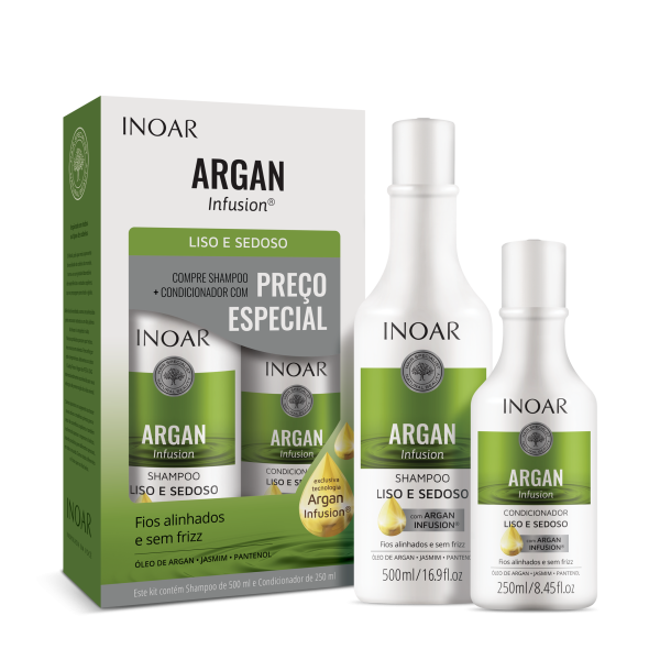 INOAR Argan Infusion Smooth and Silky Duo komplekt siledatele ja pehmetele juustele (šampoon 500 ml, palsam, 250 ml)