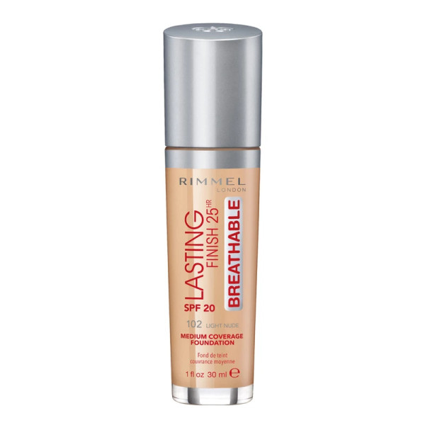 Rimmel Lasting Finish 25HR Breathable super durable face foundation SPF20 102 Light Nude, 30 ml