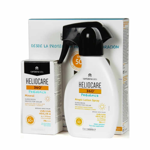 Heliocare 360º Pediatrics komplekt lastele (kaitsev päikesekreem SPF 50, 50 ml + Atopic Lotion Spray pihustatav päikesekreem, 75 ml)