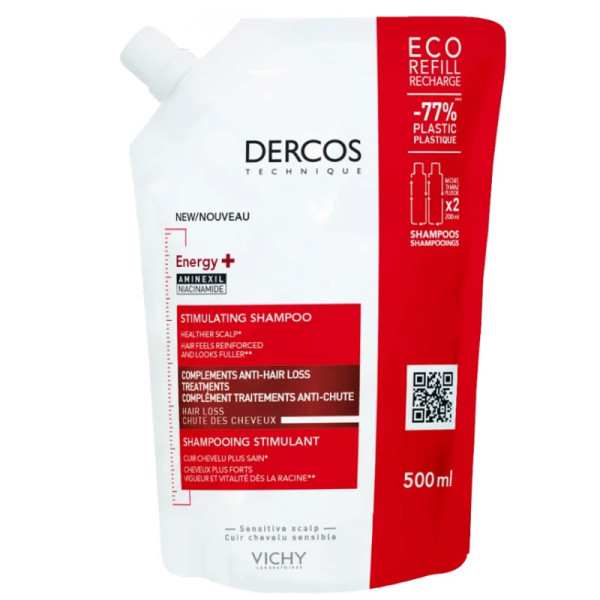 Vichy Dercos Energy+ Stimulating Shampoo Refill juuste väljalangemise vastane šampoon nõrkadele juustele ja tundlikule peanahale, 500 ml