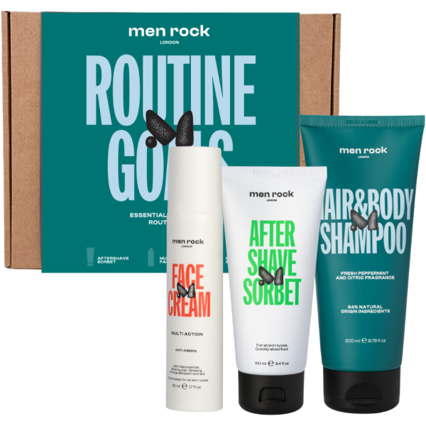 Men Rock ROUTINE GOALS Essential Grooming Routine Kit juuste- ja nahahooldustoodete komplekt meestele, 1 tk