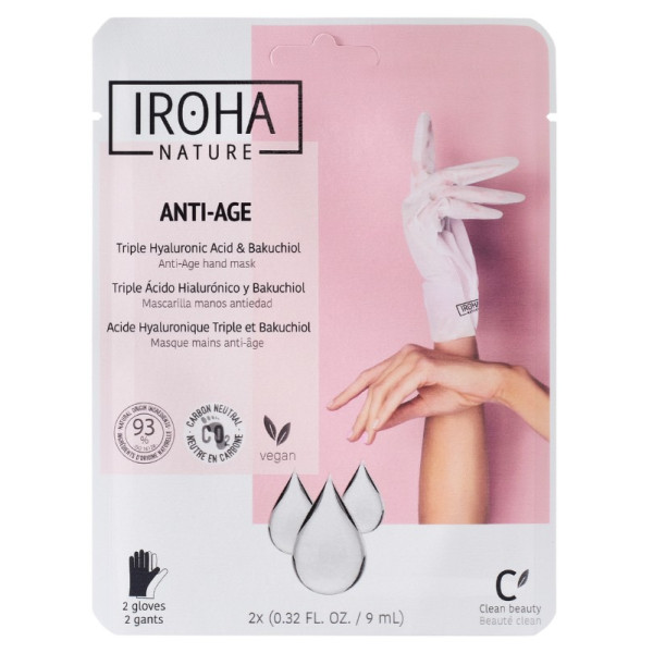 Kätemask Iroha Anti-Age Hand Mask Triple Hyaluronic Acid & Bakuchiol NHAND915 küpsele nahale hüaluroonhappega, 1 paar kindaid