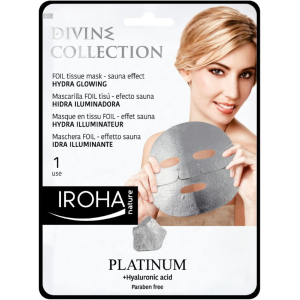 Nahka helendav näomask Iroha Divine Collection FOIL Tissue Mask Hydra Glowing, plaatina ja hüaluroonhappega, 25 ml