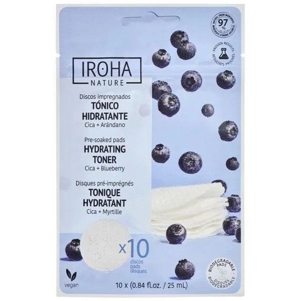 Näo niisutavad padjakesed Iroha Nature Hydrating & Soothing Toner Pad Blueberry, sügavniisutav ja rahustav näonahka, 10 tk.