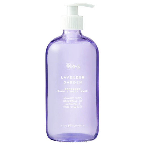 Käte- ja kehapesuvahend Heathcote & Ivory RHS Lavender Garden Relaxing Hand & Body Wash, klaaspudelis, 470 ml