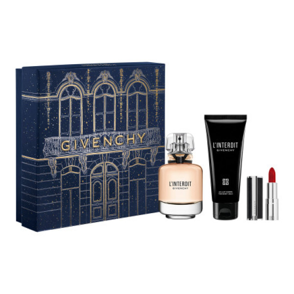 Givenchy L'Interditi komplekt naistele (EDP, 50 ml + kehakreem, 75 ml + huulepulk Le Rouge Interdit Intense Silk 1,5 g 333)