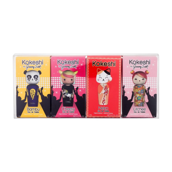 Kokeshi by Jeremy Scott Miniatures EDT komplekt unisex (Bambu EDT, 5 ml + Cherry EDT, 5 ml + Neko EDT, 5 ml + Litchee EDT, 5 ml)