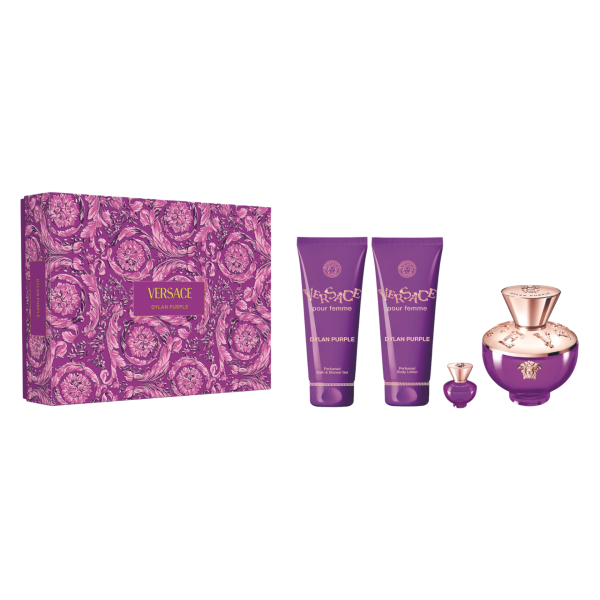 Versace Dylan Purple komplekt naistele 2024 (EDP, 100 ml + EDP, 5 ml + dušigeel, 100 ml + kehakreem, 100 ml)